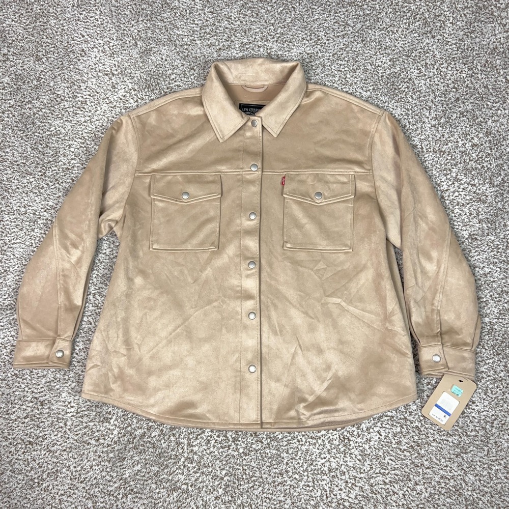 Levis Jacket Womens XL Beige Microfiber Faux Suede Bomber Snap Shacket Coat